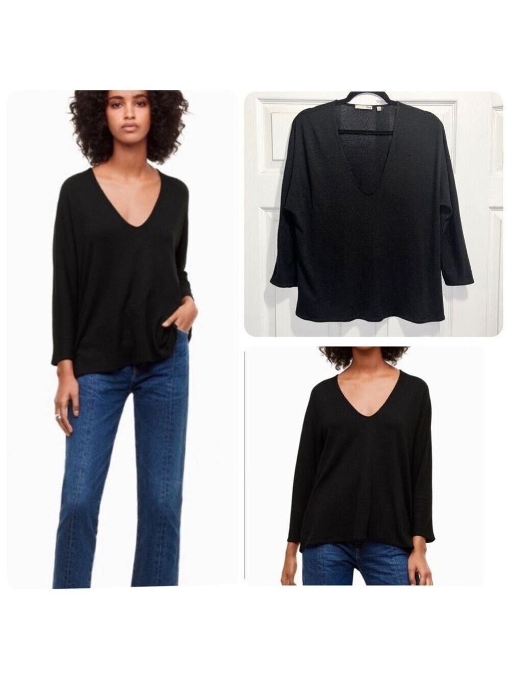 Aritzia Wilfred Free Aneta Black V-Neck 3/4 Sleeve Top Relaxed Fit Shirt Small